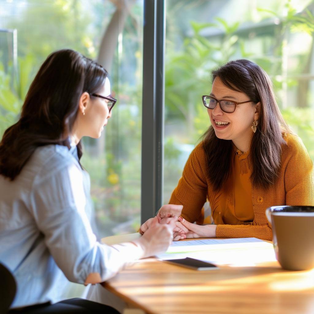 An image of a meeting between a parent and the Relational Learning Lead, Giovanna, discussing a personalized relational learning plan for the parents