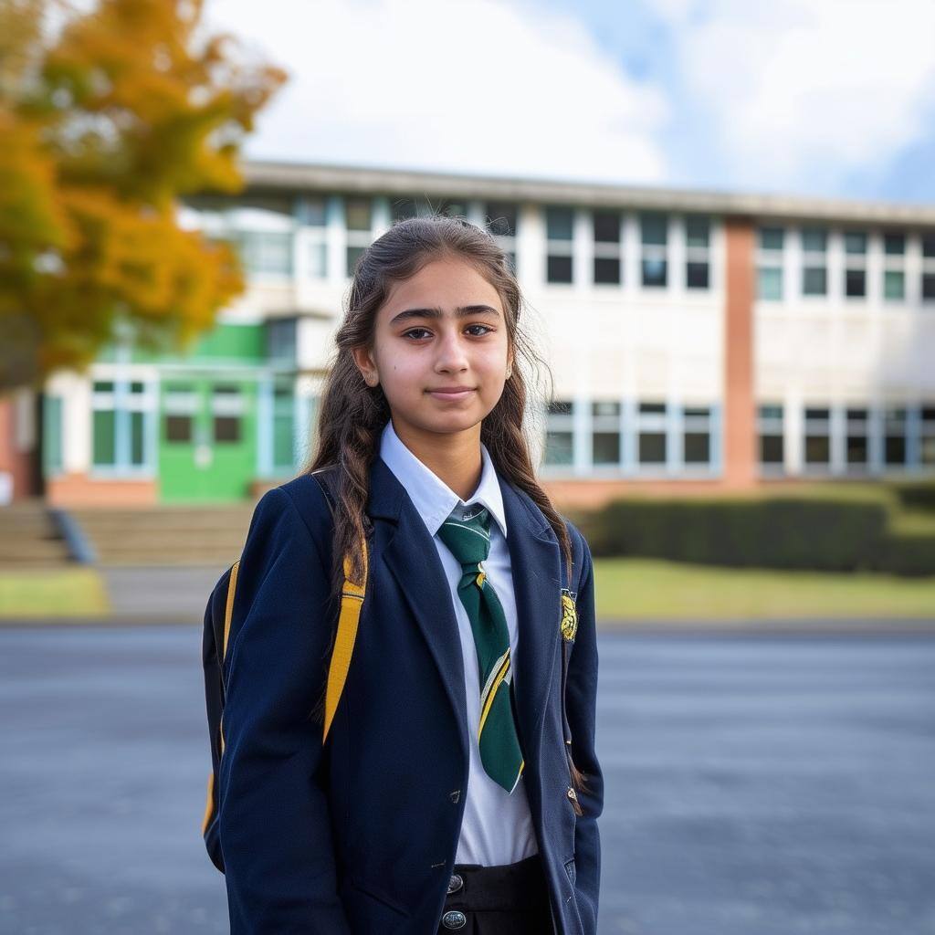 year 8 female student in front of school