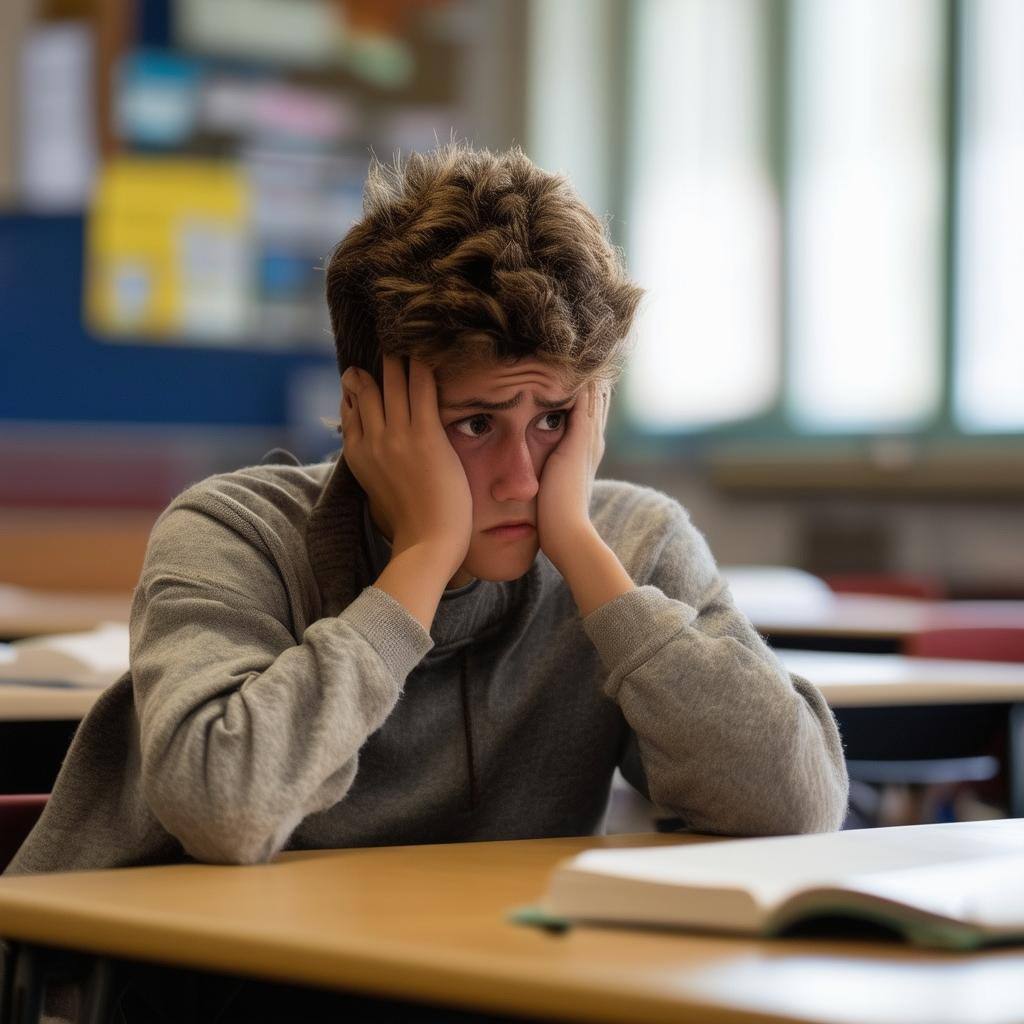 A student sitting at a desk looking anxious and overwhelmed