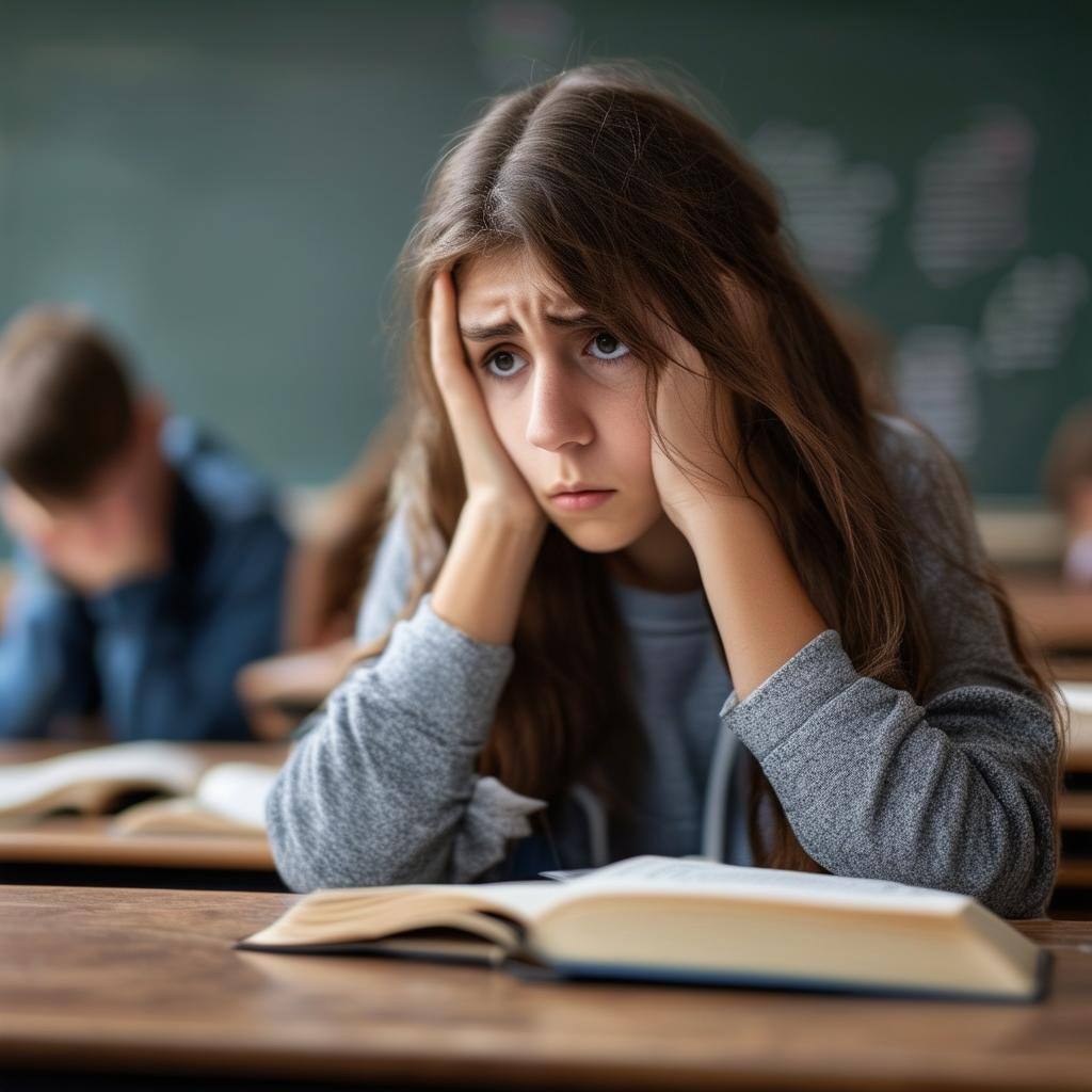 A student holds their head in their hands looking anxious and upset whilst sitting at a school desk