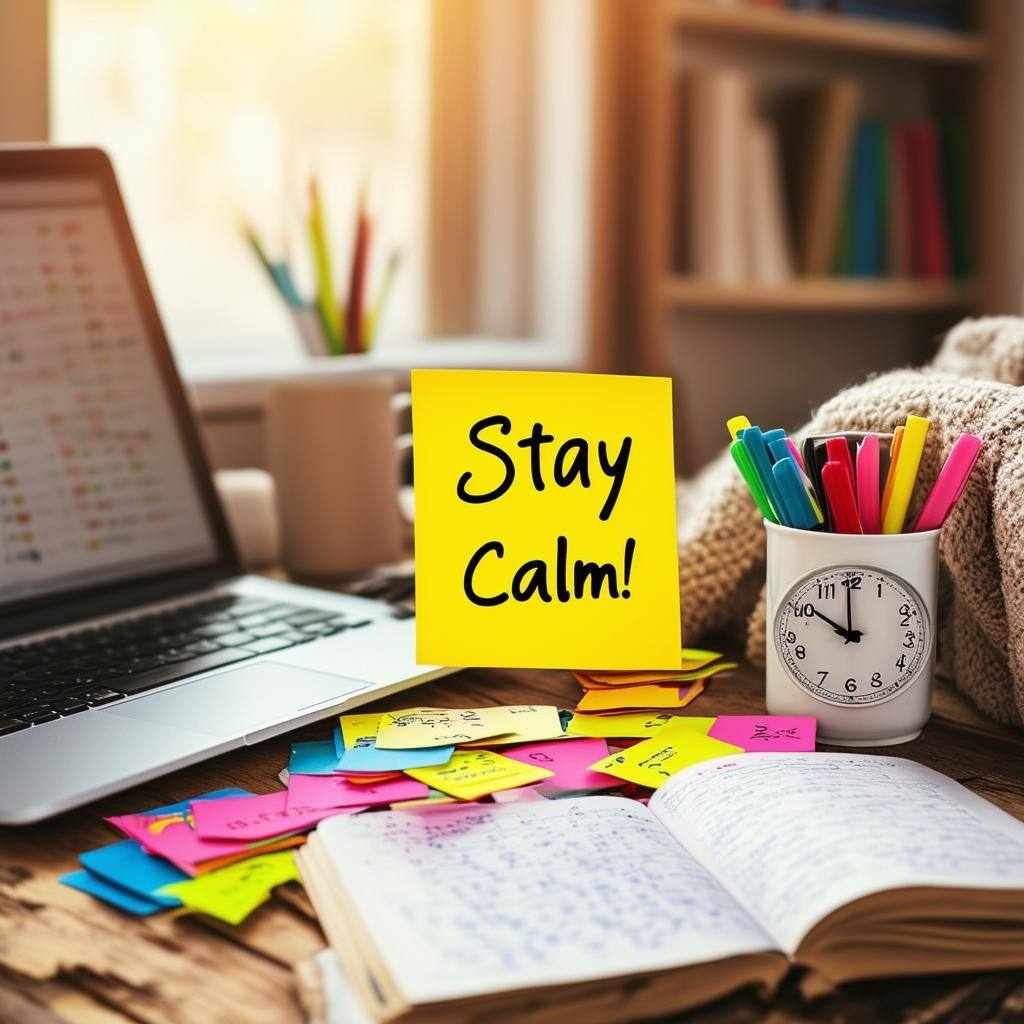 A study desk with flashcards and revision notes with a post-it saying Stay Calm!